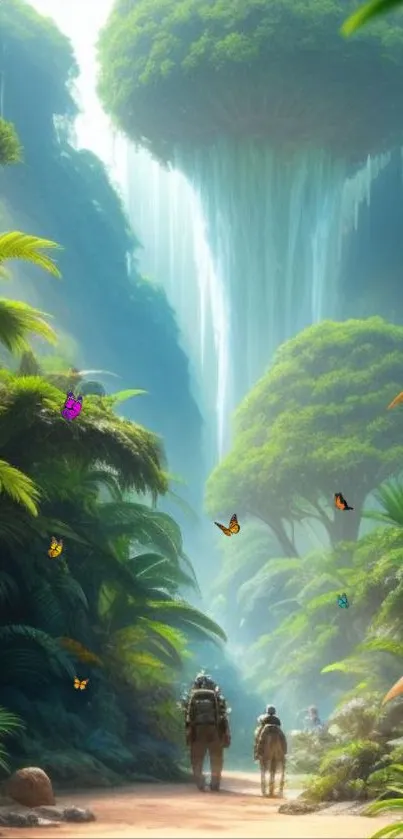 Explorers in lush jungle with butterflies on a sunny path.