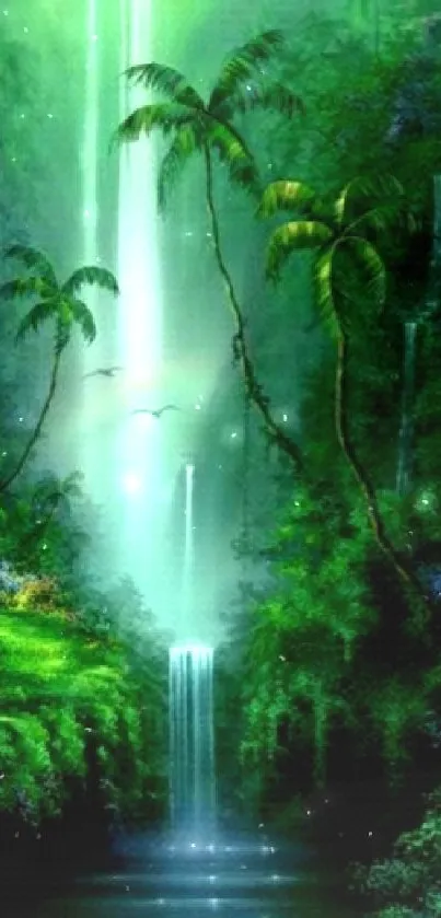 Lush green jungle with a cascading waterfall in vibrant detail.