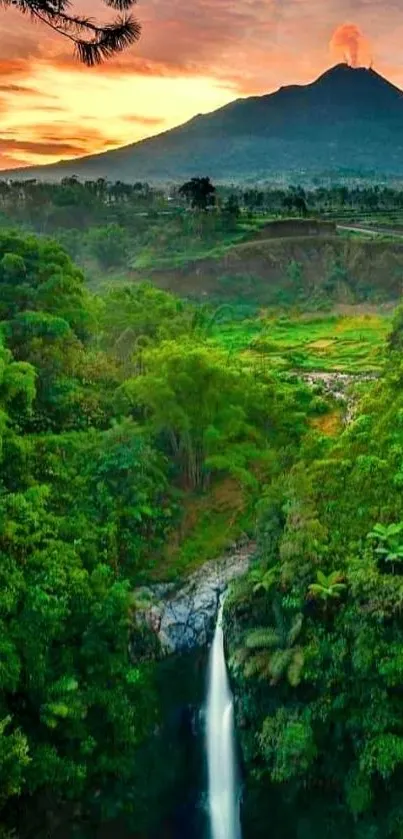 Scenic wallpaper of lush greenery, waterfall, and mountain under a colorful sky.