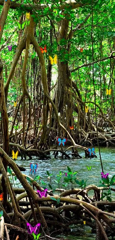 Intricate mangrove forest with vibrant greenery and roots over water.