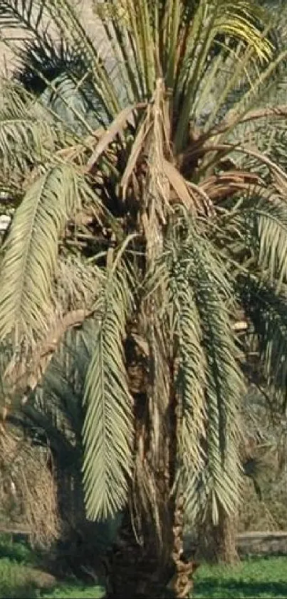 Lush palm tree with vibrant green fronds in natural setting.