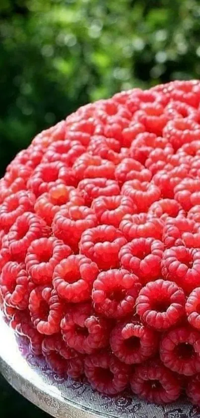 Lush raspberry-covered cake with green background.