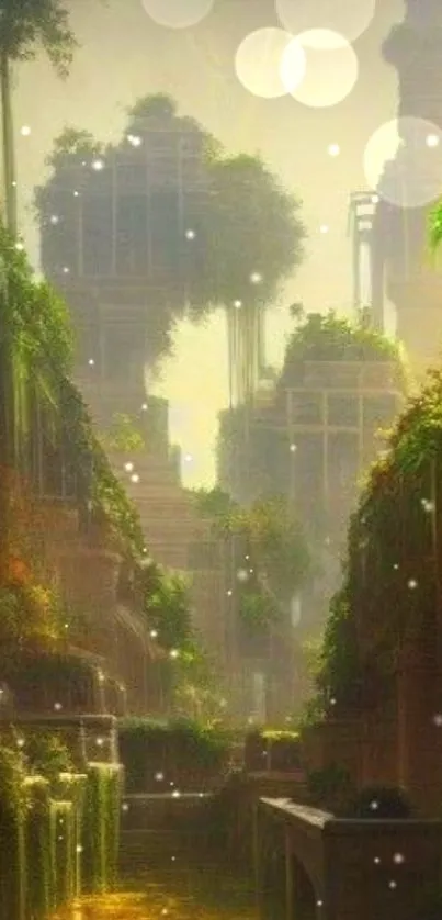 Lush urban jungle wallpaper with greenery and modern structures.