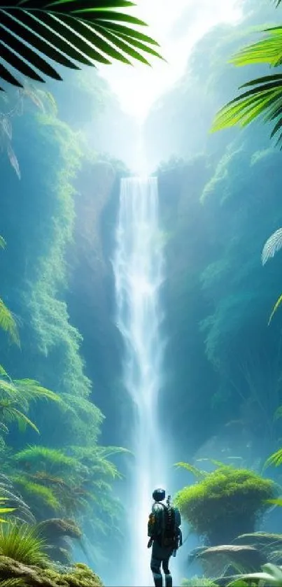 Lush waterfall with hiker in a forest scene mobile wallpaper.