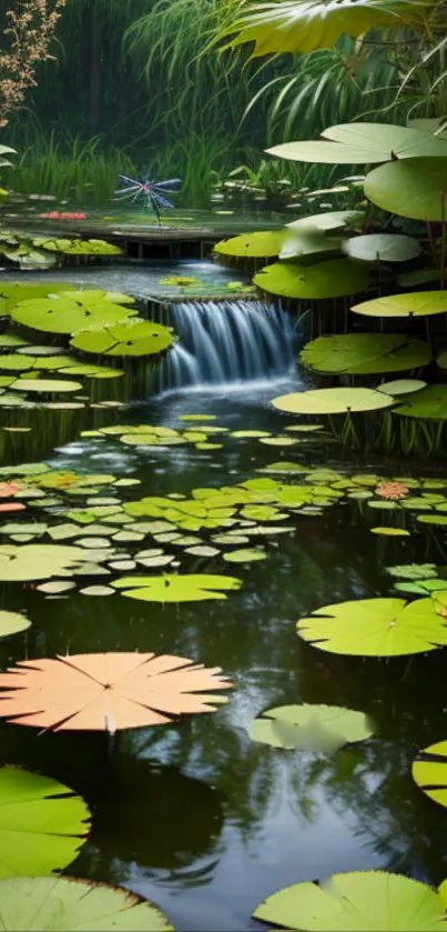 Serene waterfall with lush lilypads in a tranquil pond setting.