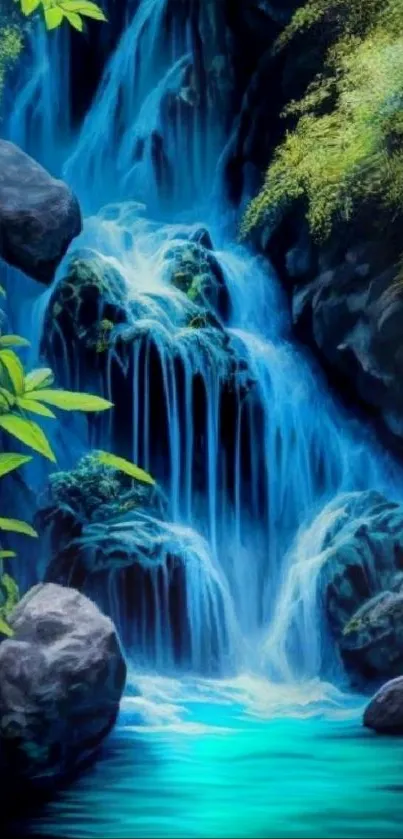 Lush waterfall in a vibrant tropical forest.