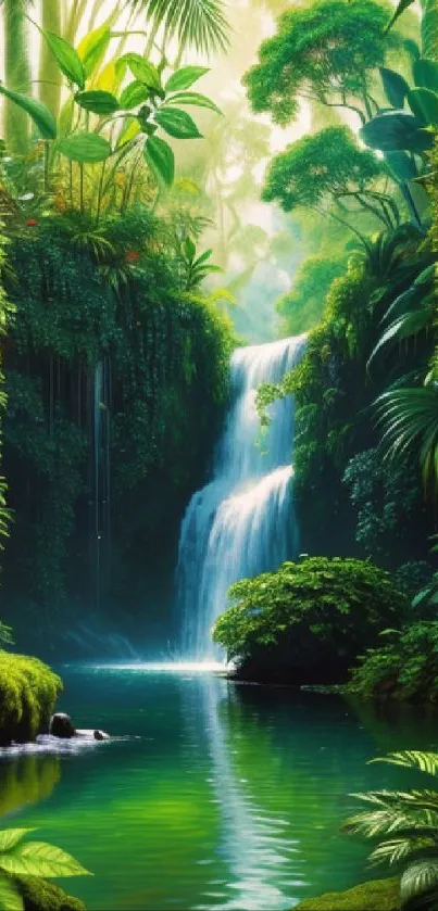 Tranquil waterfall in a lush jungle setting, perfect for mobile wallpaper.