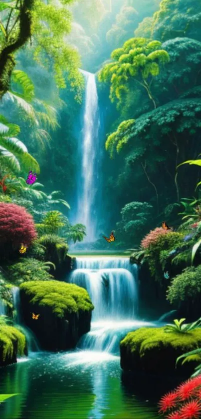 Lush jungle with waterfall and vivid greenery, perfect for a serene mobile wallpaper.