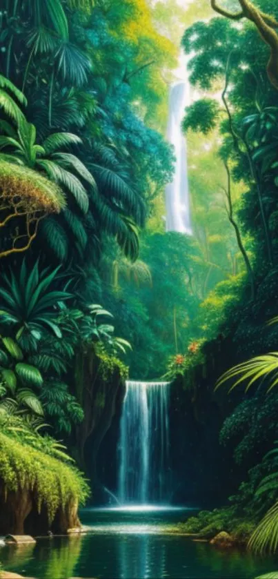 Lush jungle scene with waterfall backdrop in vibrant green tones.