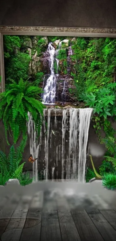 Lush waterfall surrounded by green foliage.