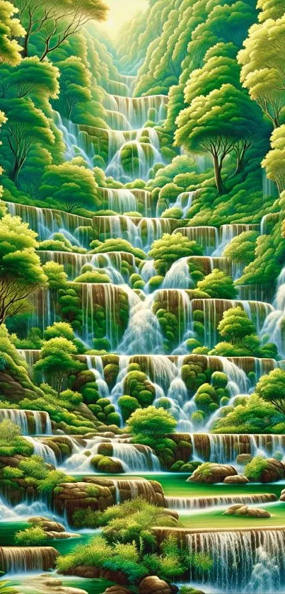 Scenic lush green waterfall cascading through a forest.