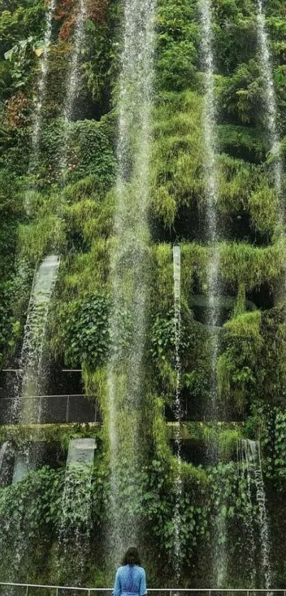 Vertical indoor park waterfall with lush green backdrop.