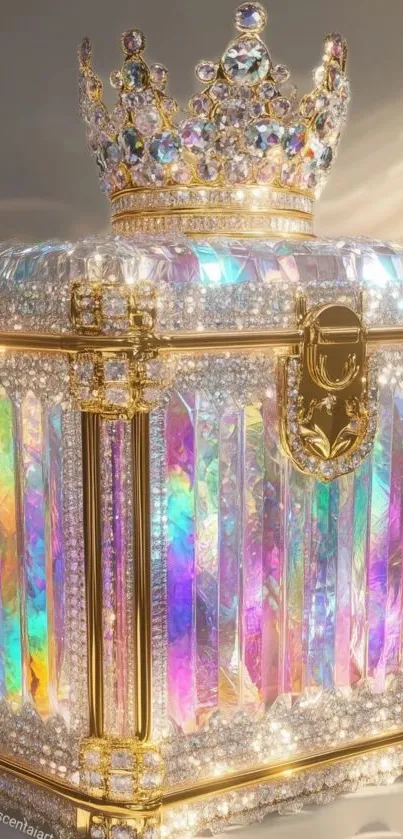 Iridescent jewel-crowned chest with golden trim shining in light.
