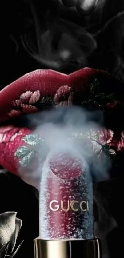 Luxurious floral lip art wallpaper with smoky accents.