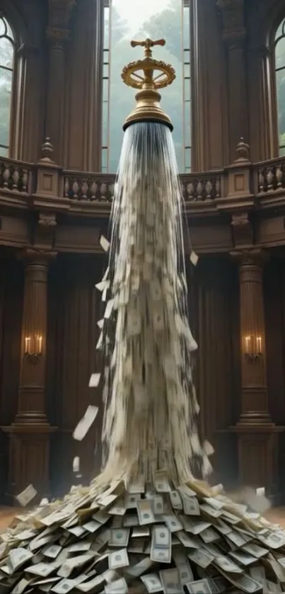 Luxurious money fountain in grand architectural setting.