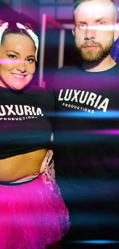 Luxuria Productions duo posing with vibrant style and creativity.