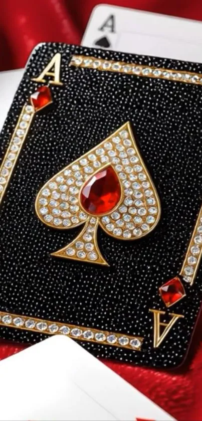Luxurious Ace of Spades with sparkling jewels on a rich red background.