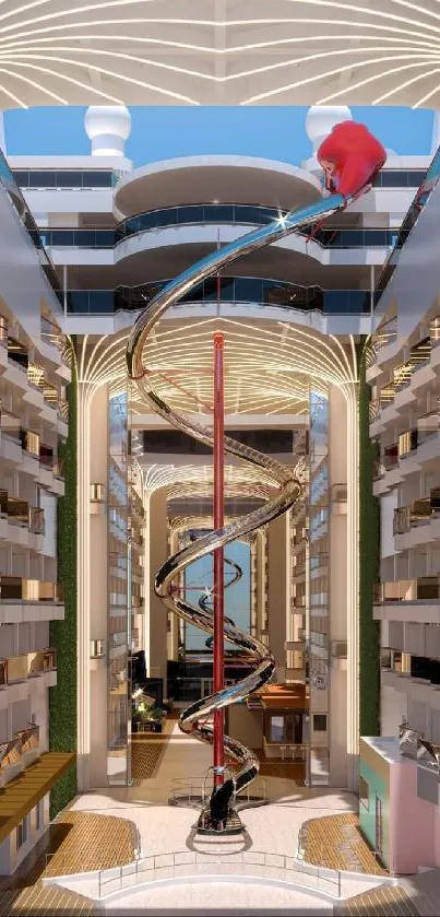 Luxurious atrium with a spiraling slide and elegant architectural design.