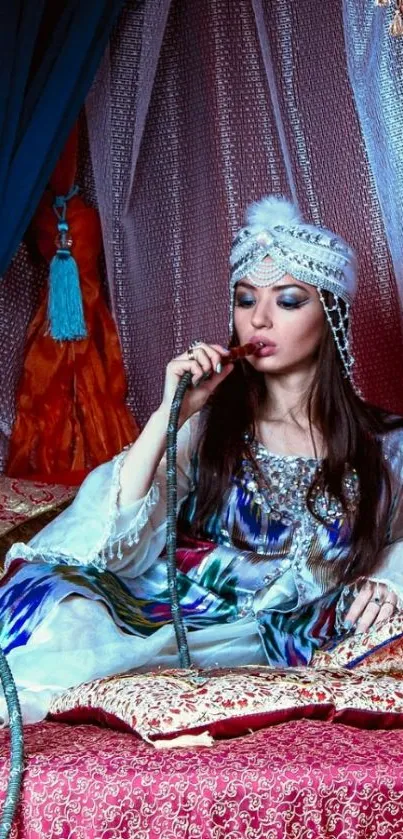 Elegant woman in Bedouin attire lounging in opulent setting.