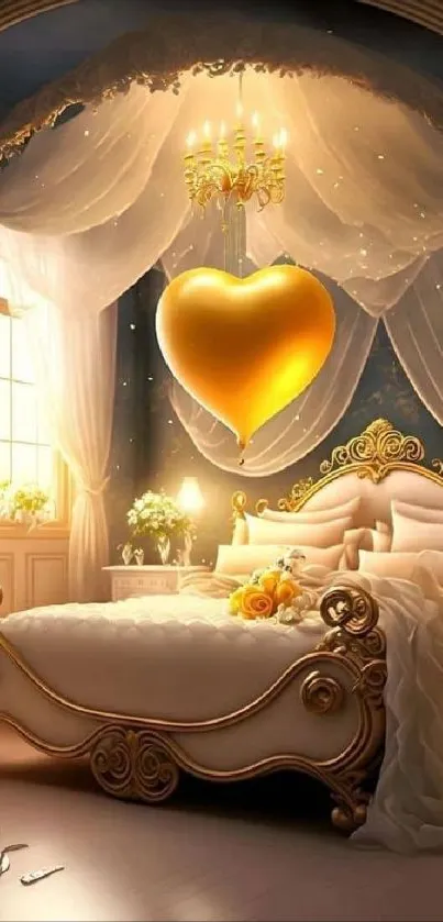 Luxurious bedroom with golden heart chandelier and elegant decor.