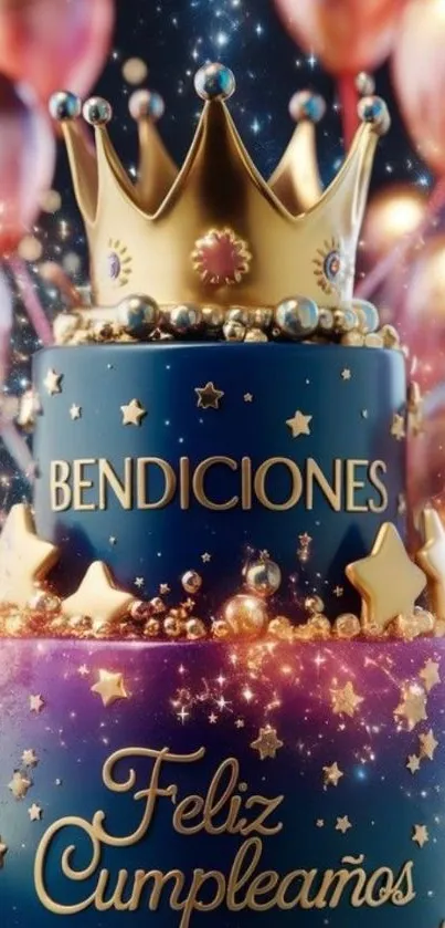 Luxurious cake with crown and balloons