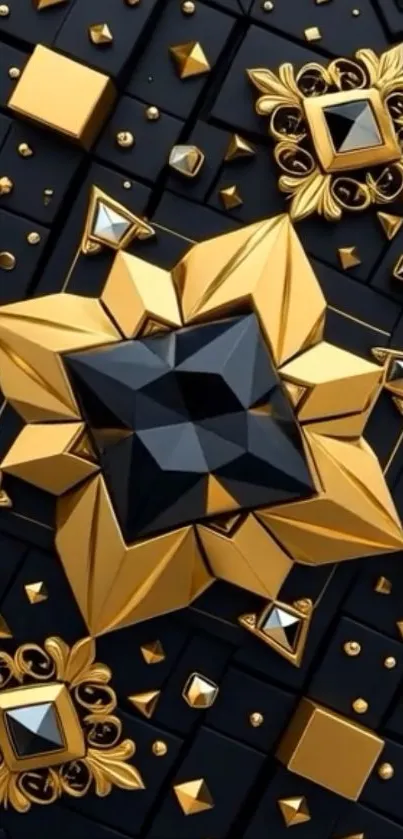 Luxurious black and gold geometric mobile wallpaper design.