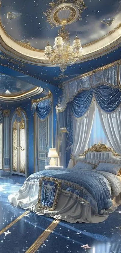 Luxurious fantasy bedroom with blue decor and golden accents.