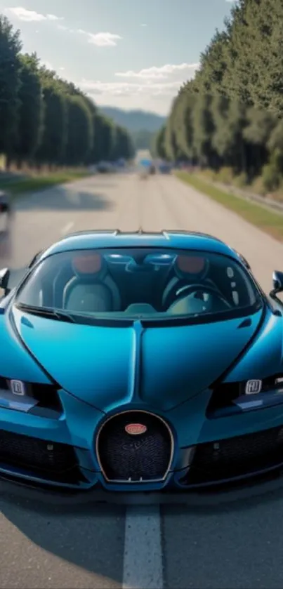 Luxurious blue sports car on scenic road