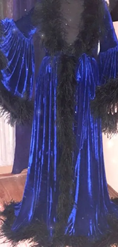 Luxurious blue velvet robe with black feather trim.