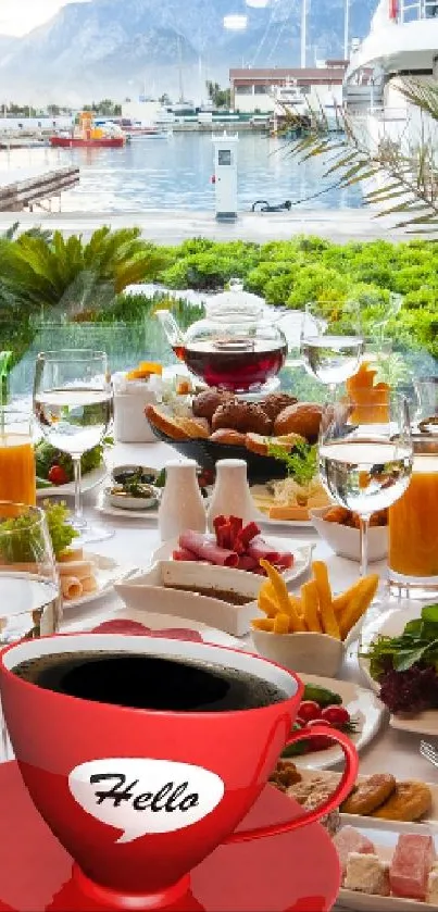 Luxurious breakfast scene by a marina with a red coffee cup.