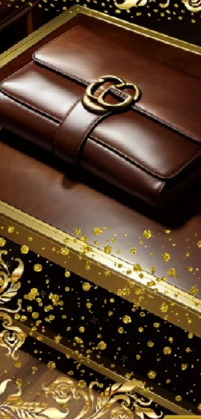 Luxurious brown leather clutch with gold accents on a table.