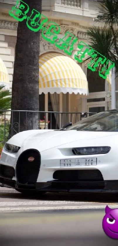 Luxury Bugatti parked on city street with sleek design.