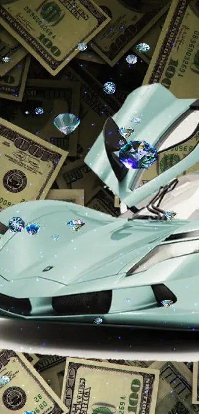 Mint green luxury car amid dollar bills and diamonds.