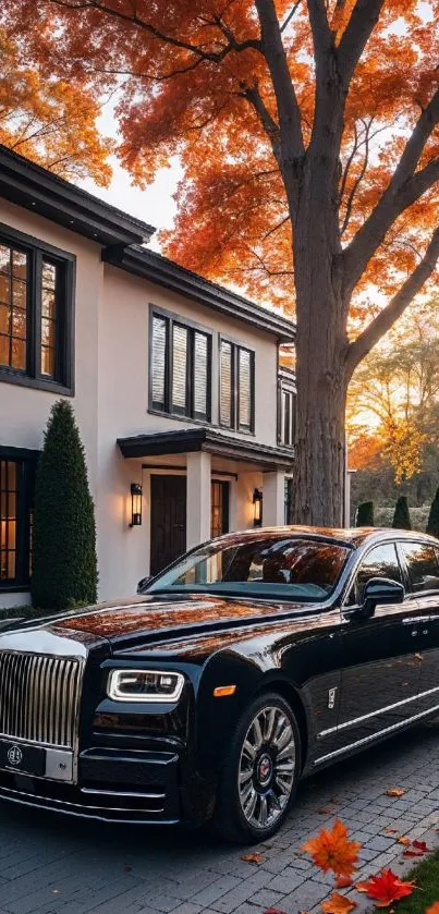 Black luxury car parked in an autumn driveway with vibrant trees.