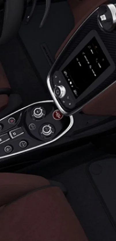 Luxurious car interior with digital display and sleek controls in dark tones.