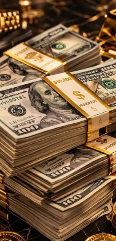 Stacks of US dollars and gold bars on display.