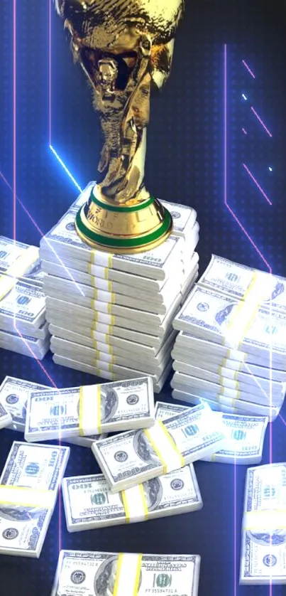 Golden trophy on cash stacks wallpaper, luxury theme.