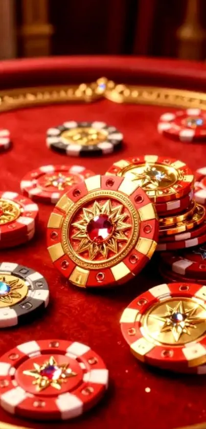 Luxurious arrangement of casino chips on a red table.