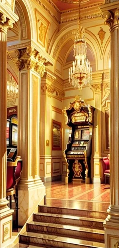 Opulent casino interior with golden columns and elegant chandelier.