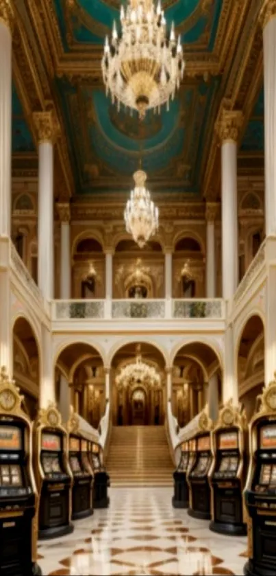 Luxurious casino interior with chandeliers and slot machines.