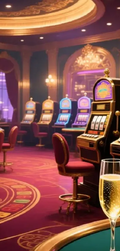 Luxurious casino with slot machines and champagne glass.
