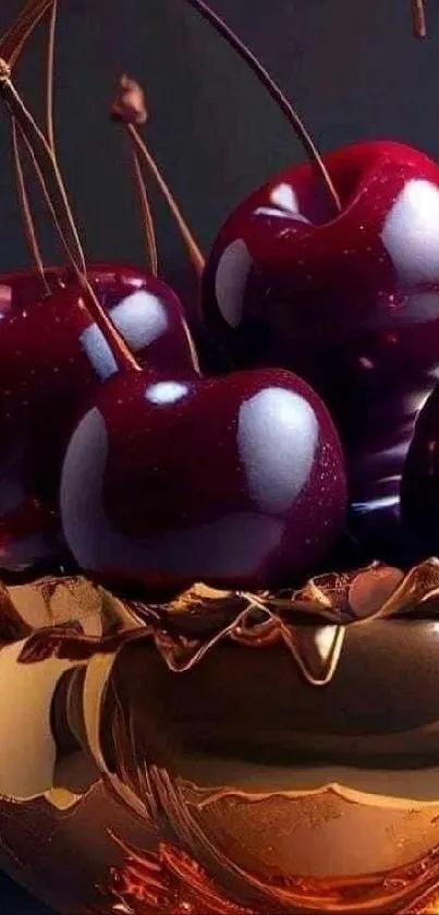 Elegant red cherries in a gold bowl wallpaper.