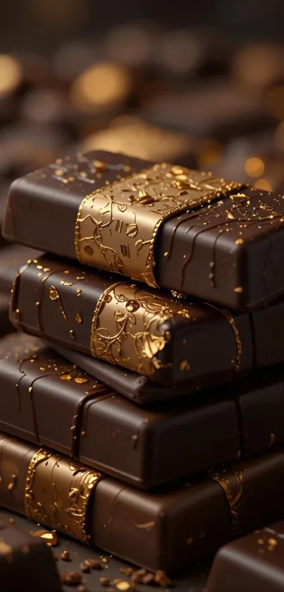 Stacked chocolate bars with gold accents.