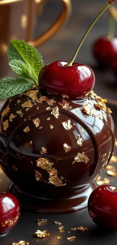 Luxurious chocolate dessert with cherries topped with gold flakes.