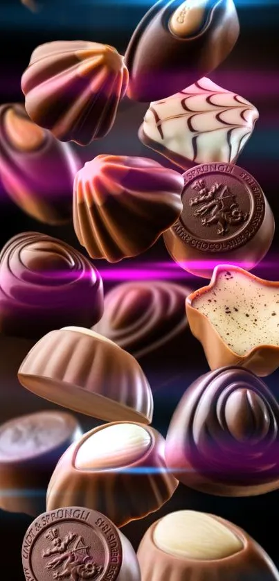 Luxurious mobile wallpaper with assorted chocolates in dark brown tones.