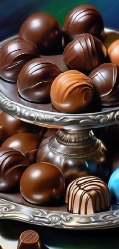 Assorted chocolates on a silver tray wallpaper.