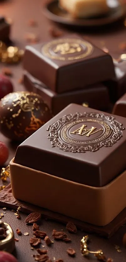 Luxurious chocolate squares with intricate designs.