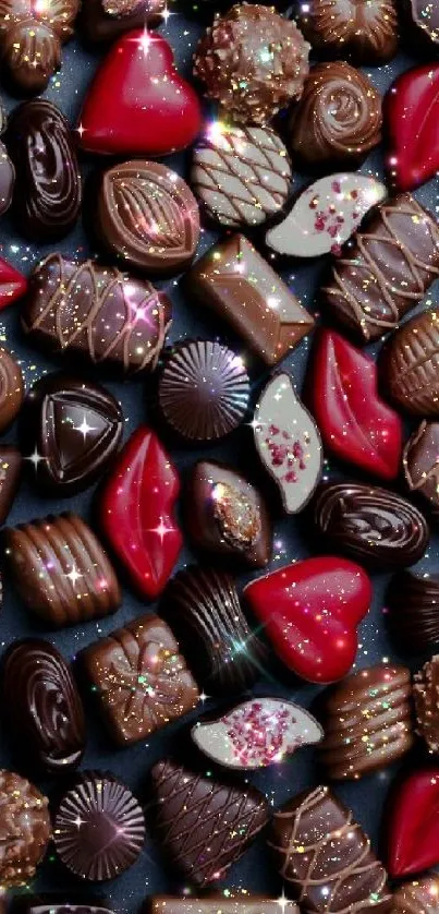 Luxurious chocolate assortment mobile wallpaper with sparkling details.