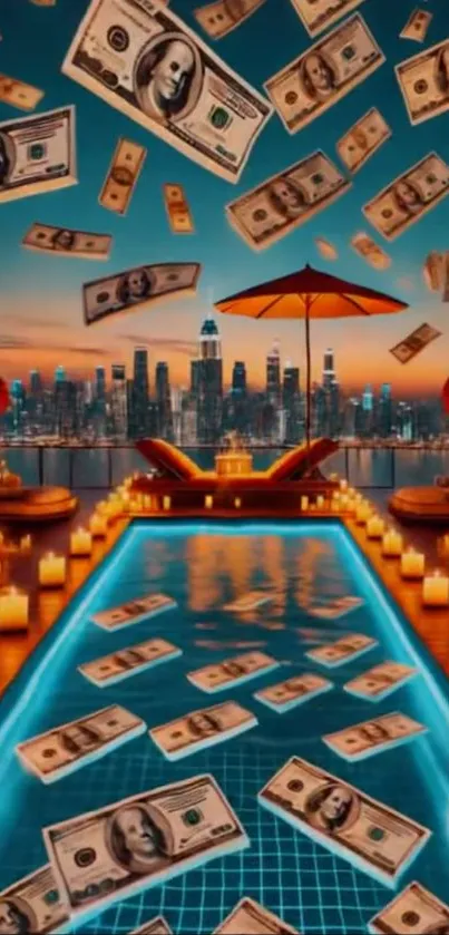 Luxurious cityscape with pool and falling currency