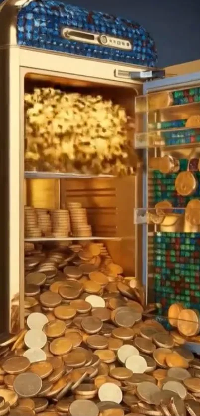 Open vault overflowing with gold coins and stacks of wealth.